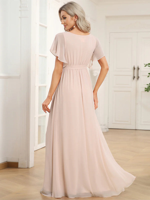 Butterfly Sleeve V-Neck Flowy Bridesmaid Dress