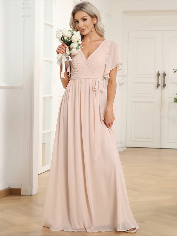 Butterfly Sleeve V-Neck Flowy Bridesmaid Dress