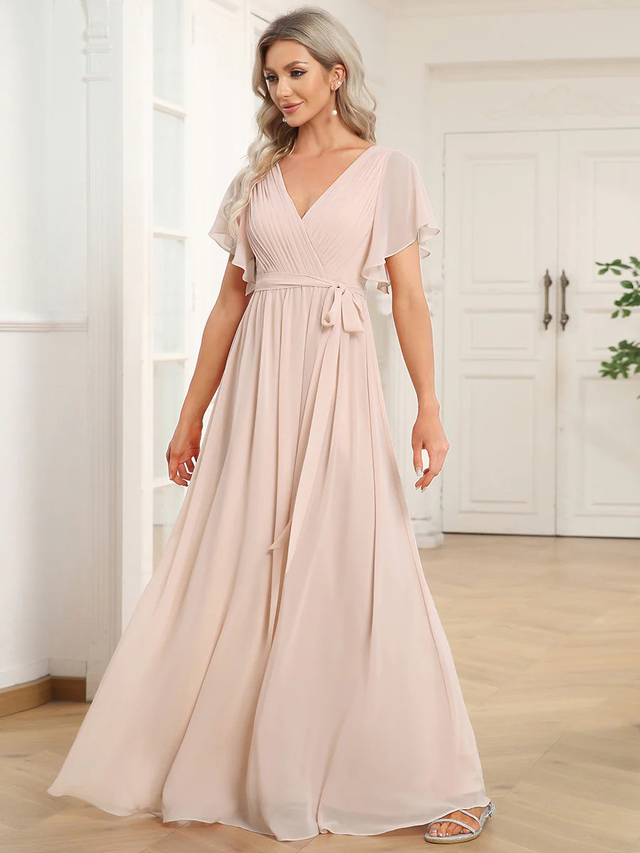 Butterfly Sleeve V-Neck Flowy Bridesmaid Dress - CALABRO®