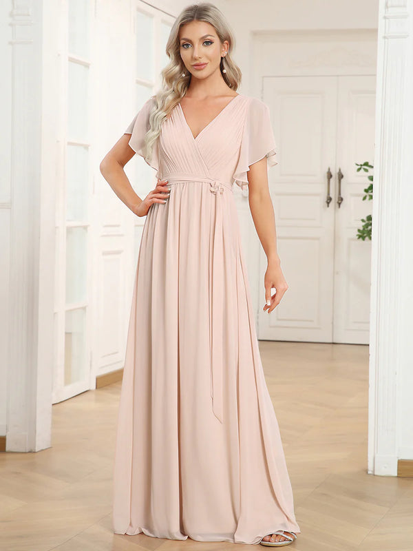 Butterfly Sleeve V-Neck Flowy Bridesmaid Dress