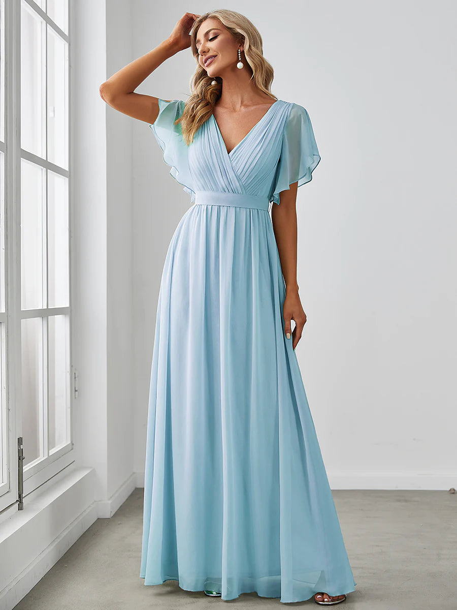 A Line Bridesmaid Dresses with Deep V Neck Ruffles Sleeves