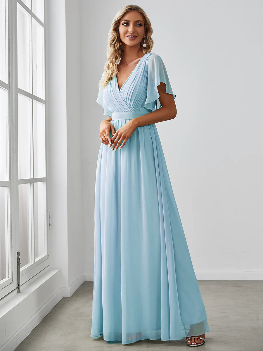 A Line Bridesmaid Dresses with Deep V Neck Ruffles Sleeves