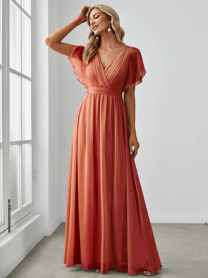 A Line Bridesmaid Dresses with Deep V Neck Ruffles Sleeves