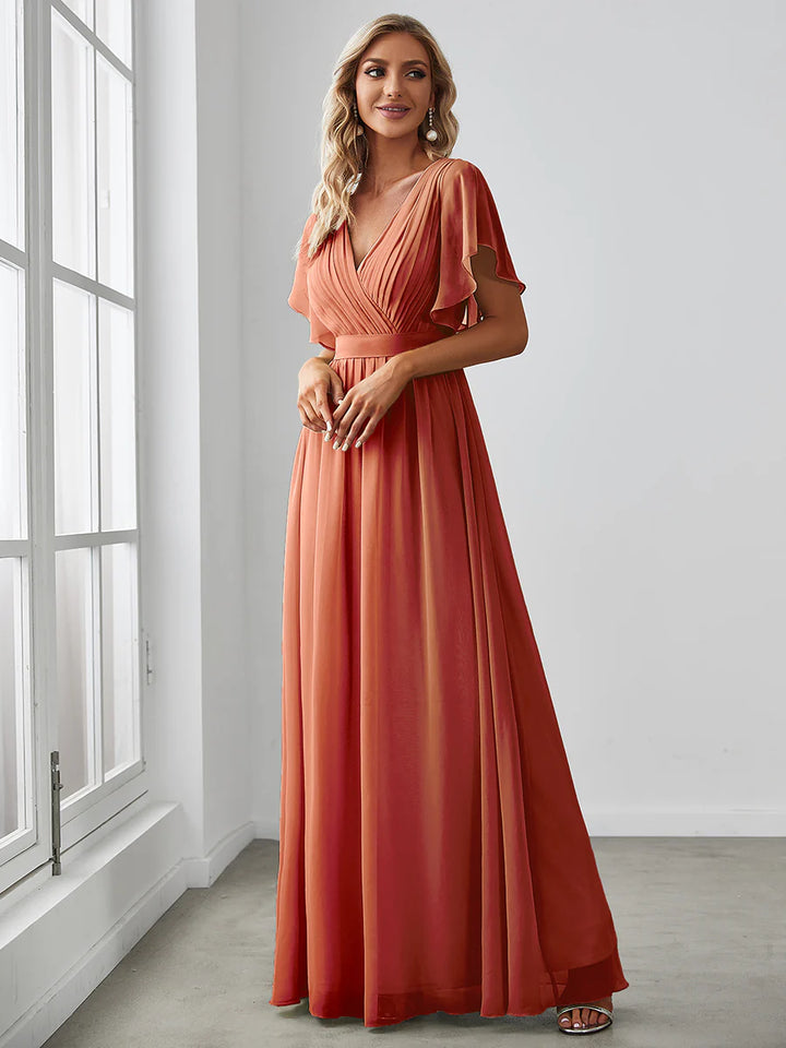 A Line Bridesmaid Dresses with Deep V Neck Ruffles Sleeves