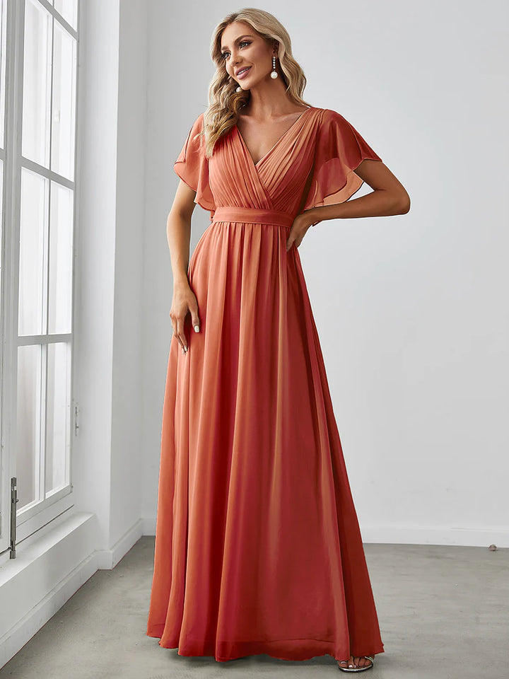 A Line Bridesmaid Dresses with Deep V Neck Ruffles Sleeves