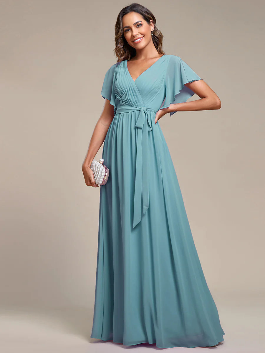 Butterfly Sleeve V-Neck Flowy Bridesmaid Dress - CALABRO®