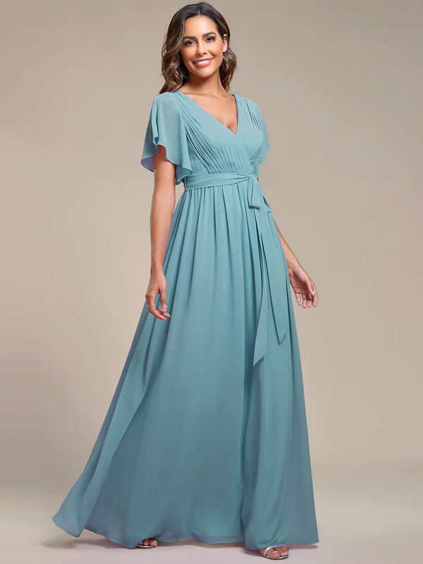 Butterfly Sleeve V-Neck Flowy Bridesmaid Dress