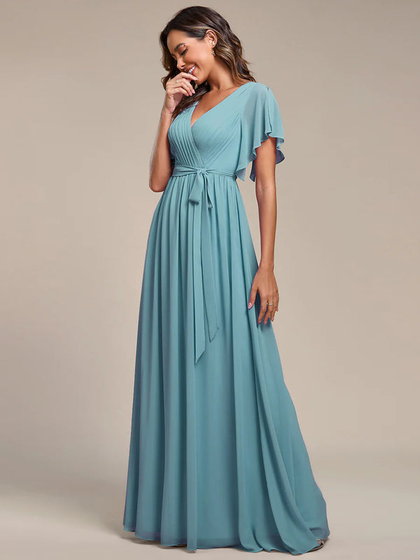 Butterfly Sleeve V-Neck Flowy Bridesmaid Dress