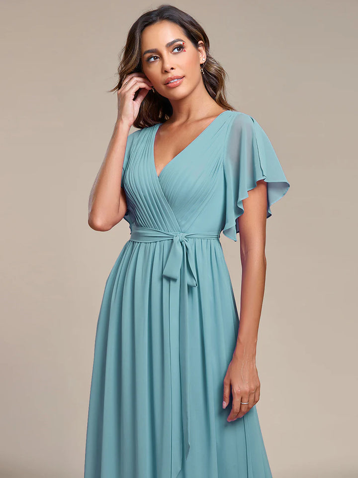 Butterfly Sleeve V-Neck Flowy Bridesmaid Dress - CALABRO®