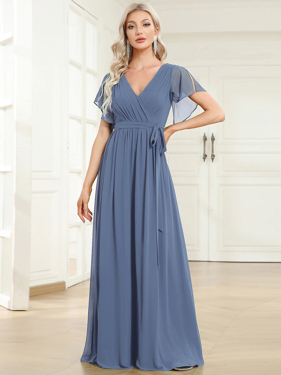 Butterfly Sleeve V-Neck Flowy Bridesmaid Dress - CALABRO®