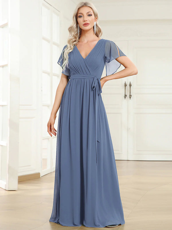 Butterfly Sleeve V-Neck Flowy Bridesmaid Dress