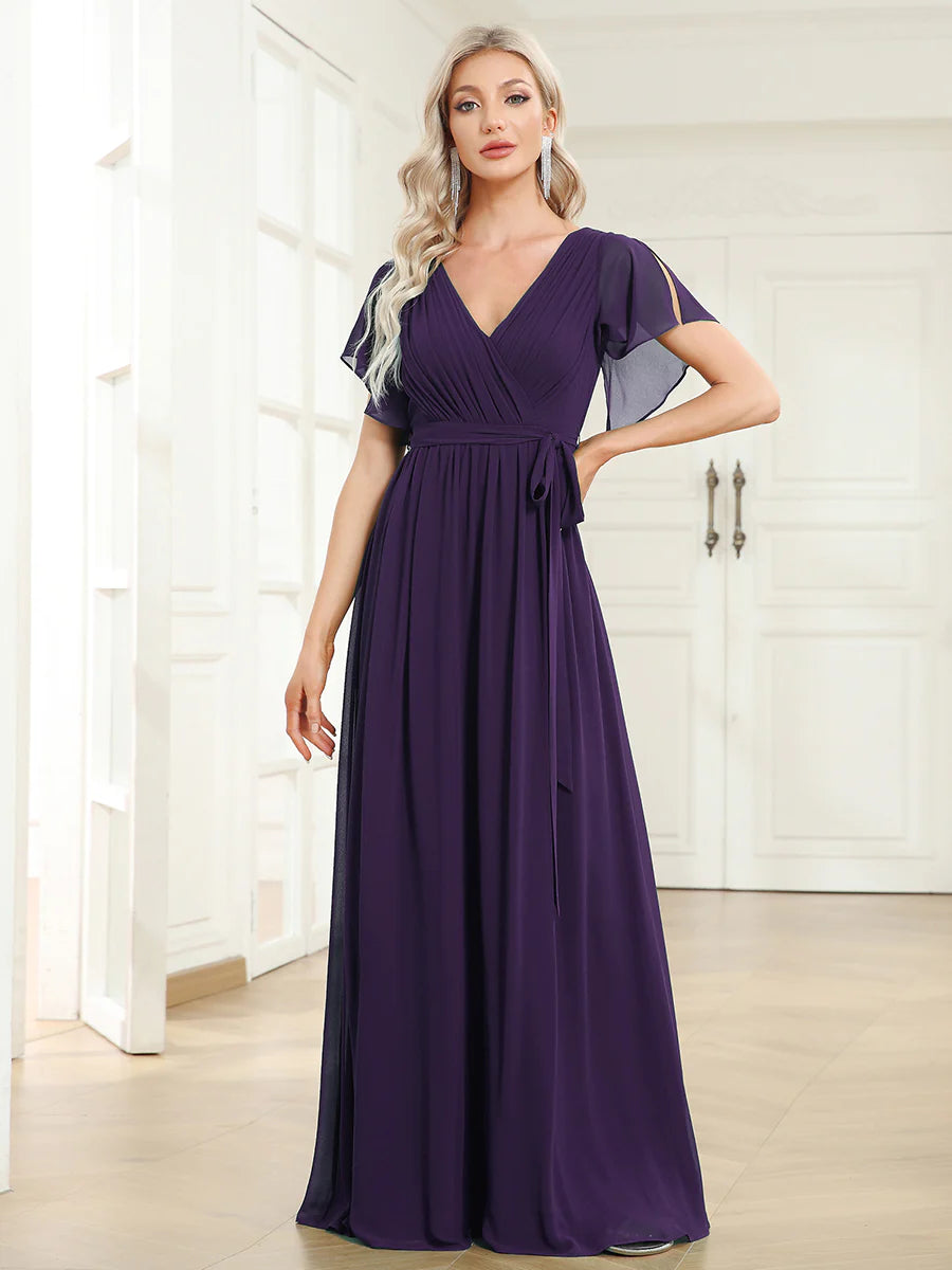 Butterfly Sleeve V-Neck Flowy Bridesmaid Dress - CALABRO®