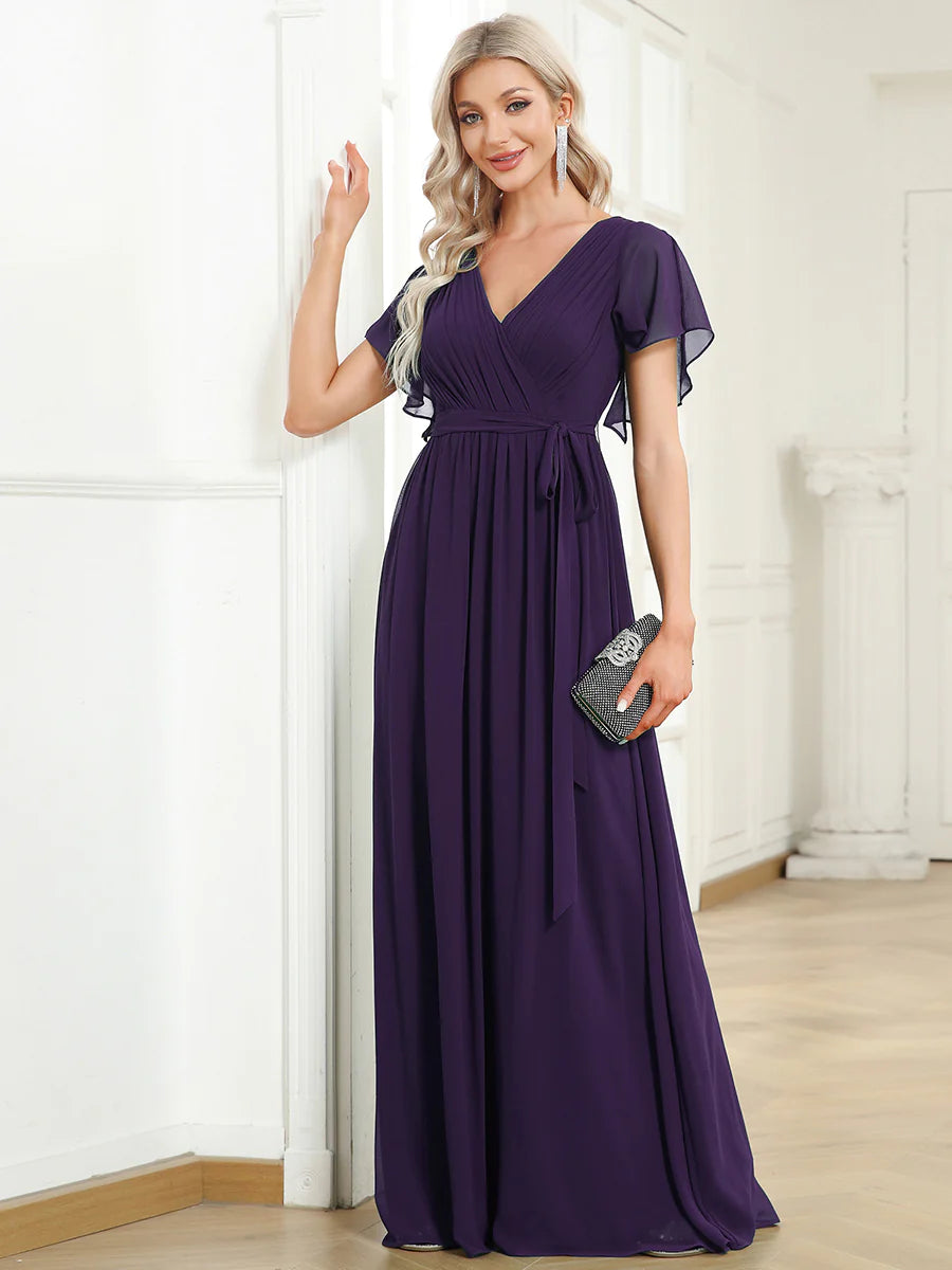 Butterfly Sleeve V-Neck Flowy Bridesmaid Dress - CALABRO®