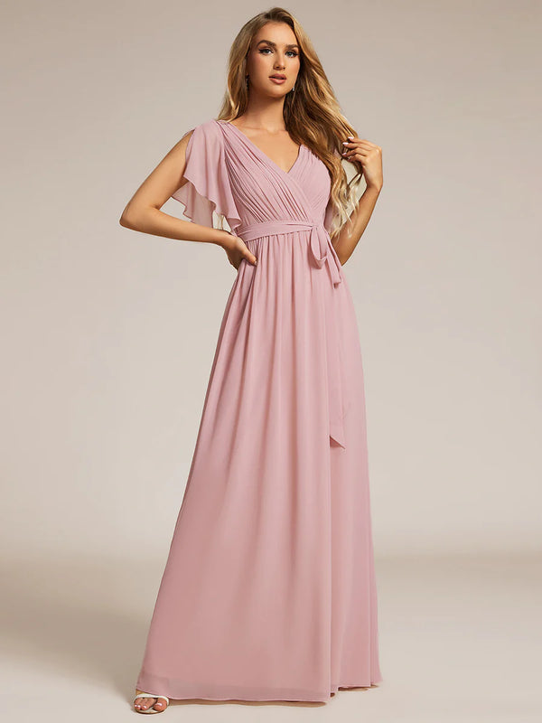 Butterfly Sleeve V-Neck Flowy Bridesmaid Dress