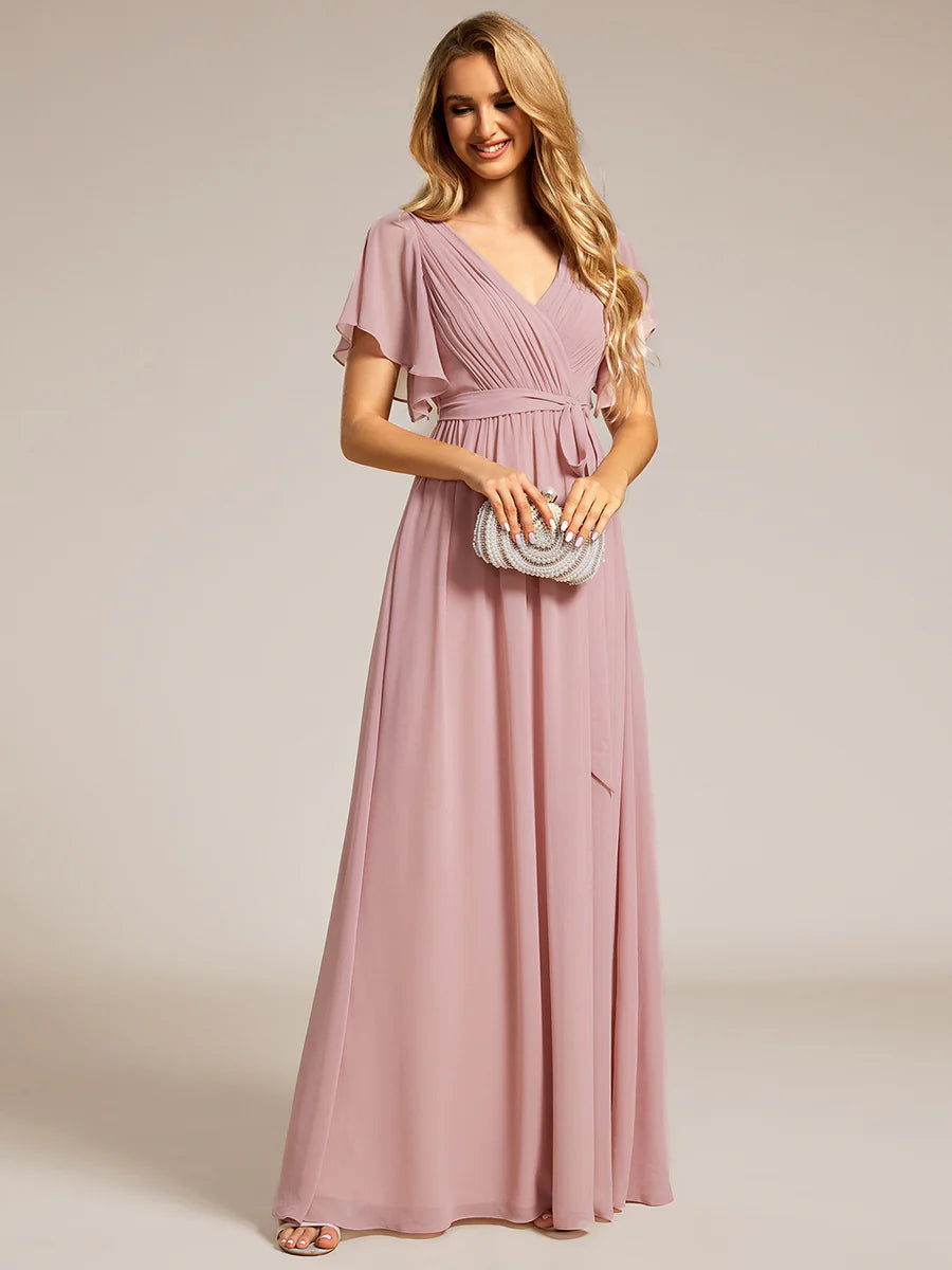 Butterfly Sleeve V-Neck Flowy Bridesmaid Dress - CALABRO®