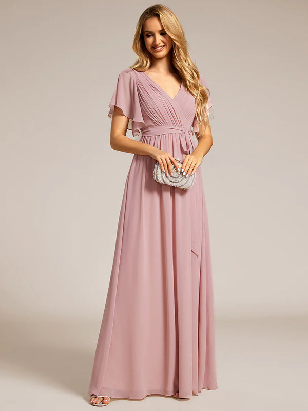 Butterfly Sleeve V-Neck Flowy Bridesmaid Dress