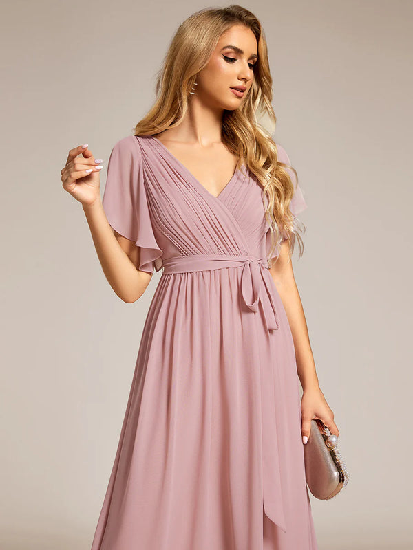 Butterfly Sleeve V-Neck Flowy Bridesmaid Dress