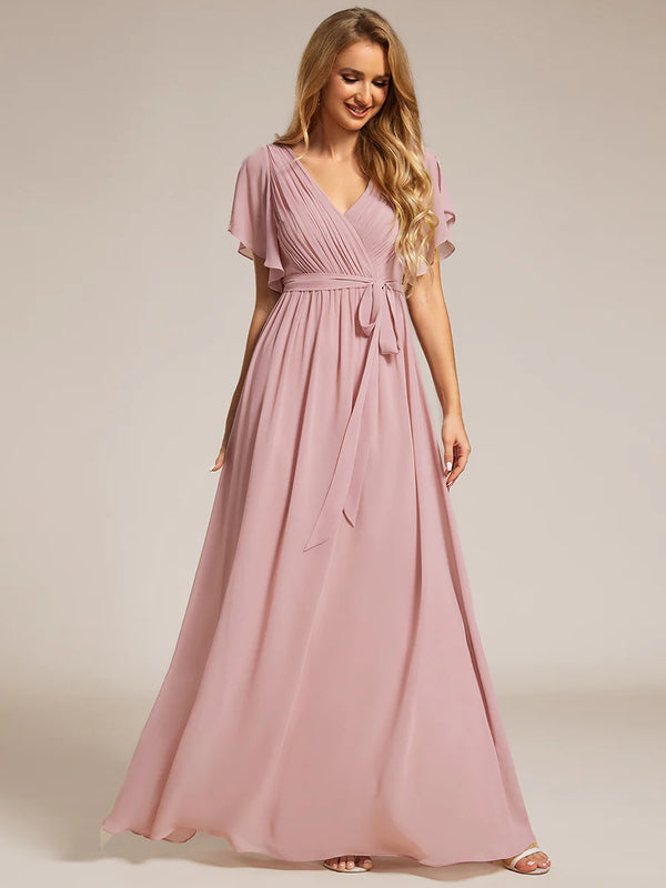 Butterfly Sleeve V-Neck Flowy Bridesmaid Dress