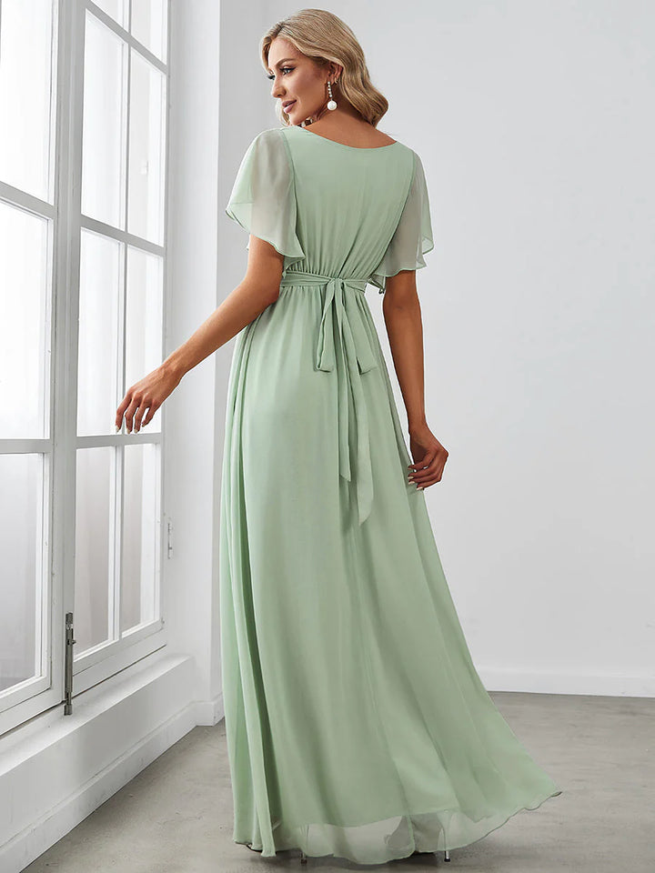 A Line Bridesmaid Dresses with Deep V Neck Ruffles Sleeves