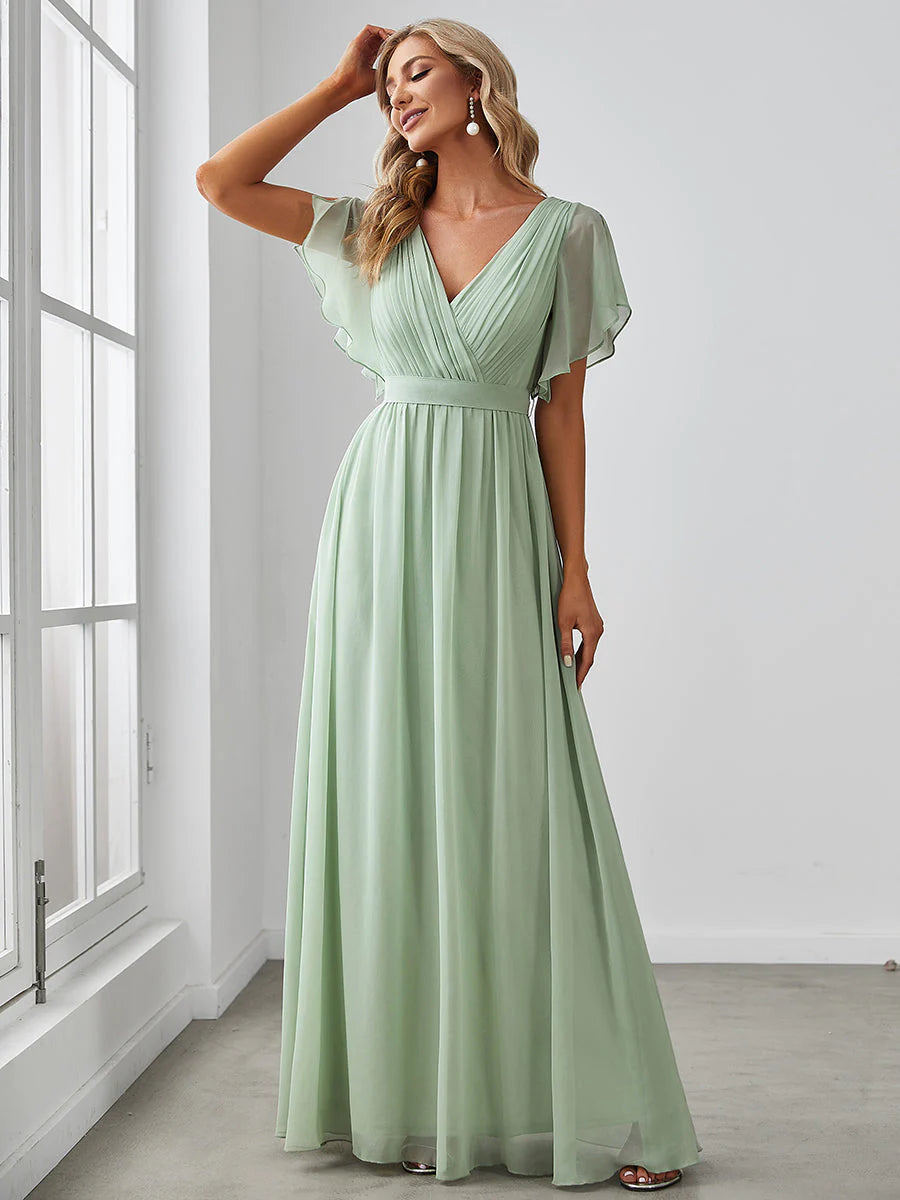 A Line Bridesmaid Dresses with Deep V Neck Ruffles Sleeves