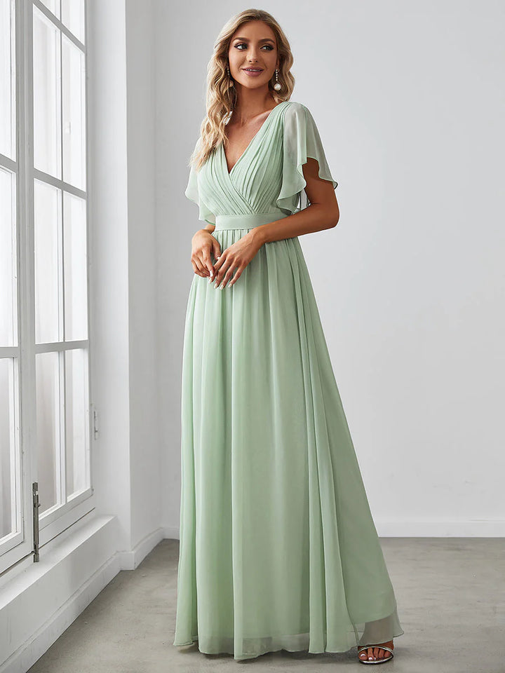 A Line Bridesmaid Dresses with Deep V Neck Ruffles Sleeves
