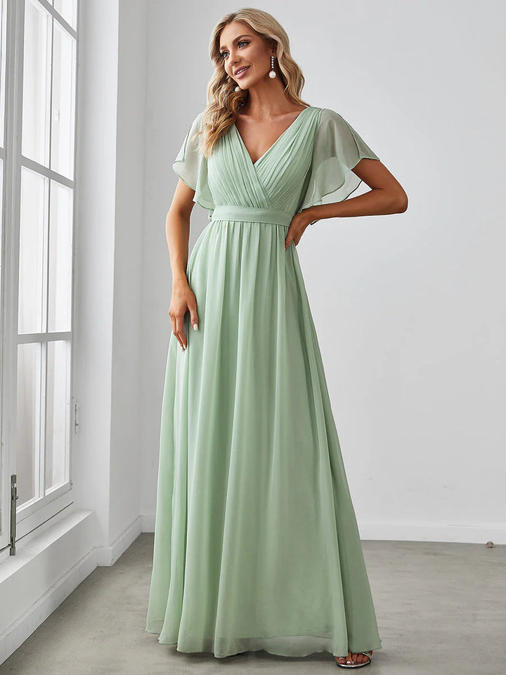 A Line Bridesmaid Dresses with Deep V Neck Ruffles Sleeves