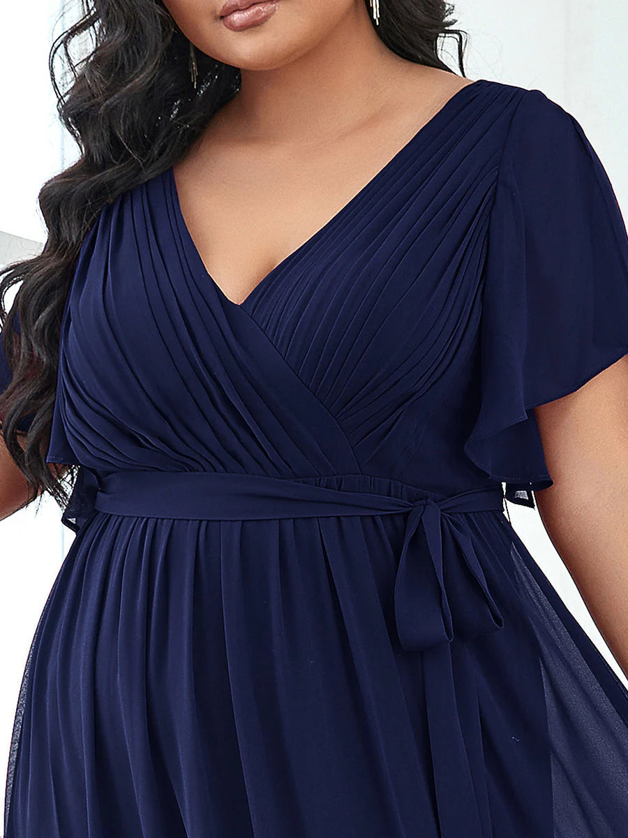 A Line Plus Size Bridesmaid Dresses with Deep V Neck Ruffles Sleeves