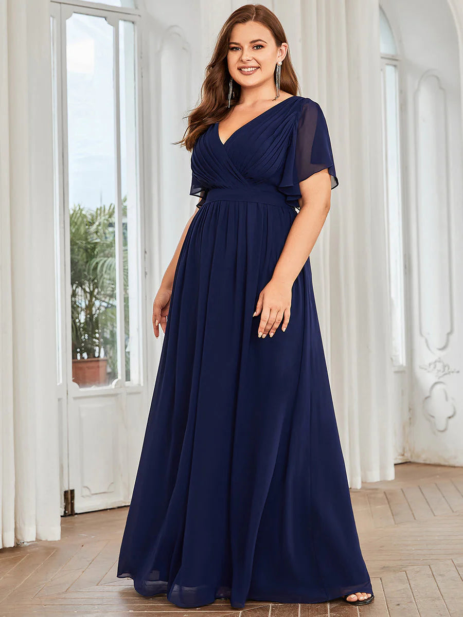 A Line Plus Size Bridesmaid Dresses with Deep V Neck Ruffles Sleeves