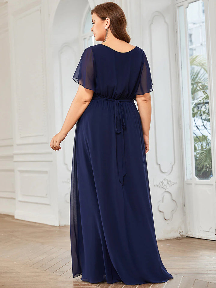 A Line Plus Size Bridesmaid Dresses with Deep V Neck Ruffles Sleeves