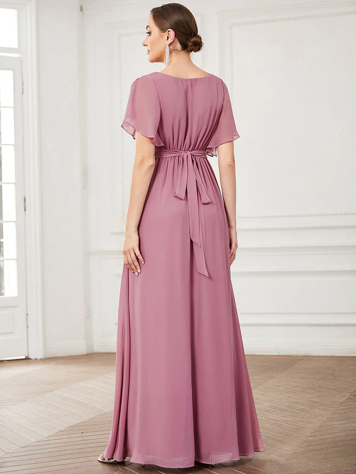 A Line Bridesmaid Dresses with Deep V Neck Ruffles Sleeves