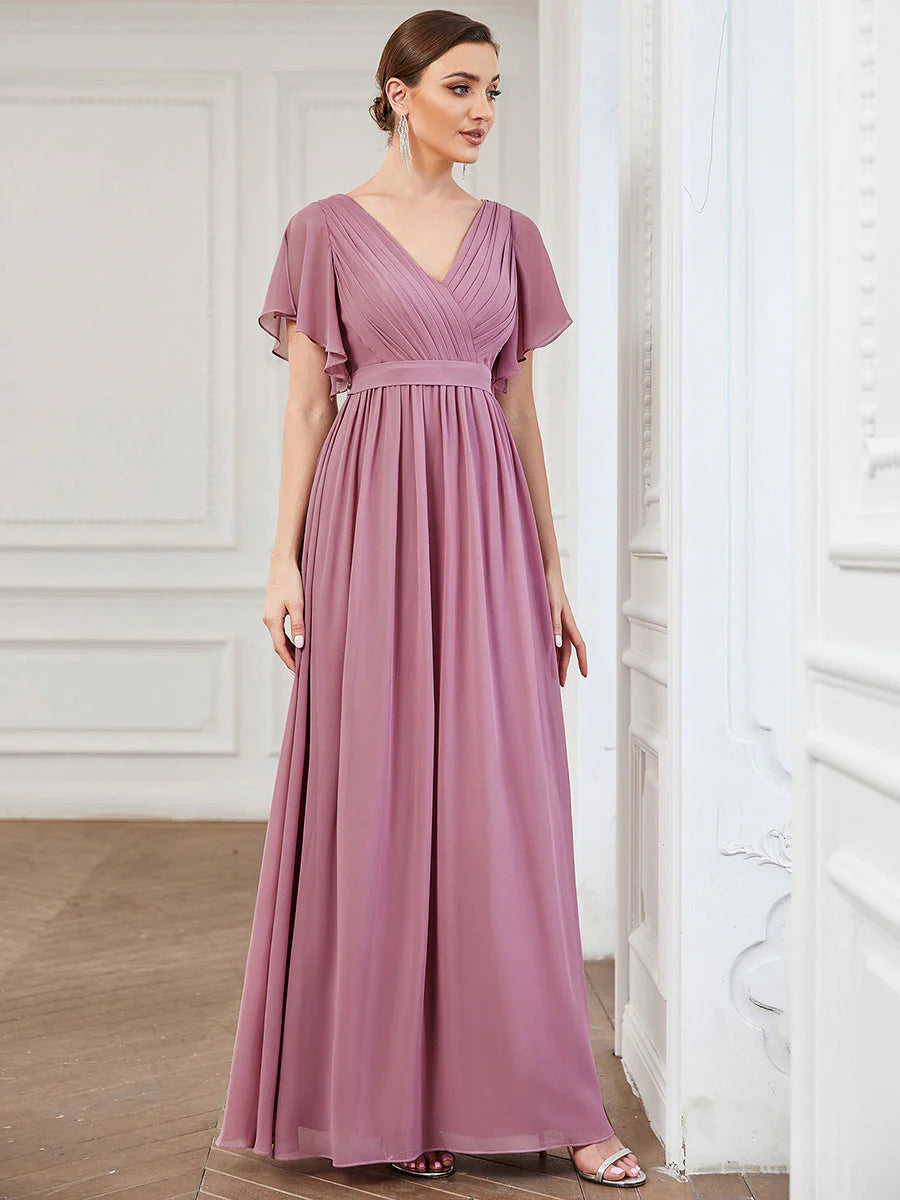 A Line Bridesmaid Dresses with Deep V Neck Ruffles Sleeves