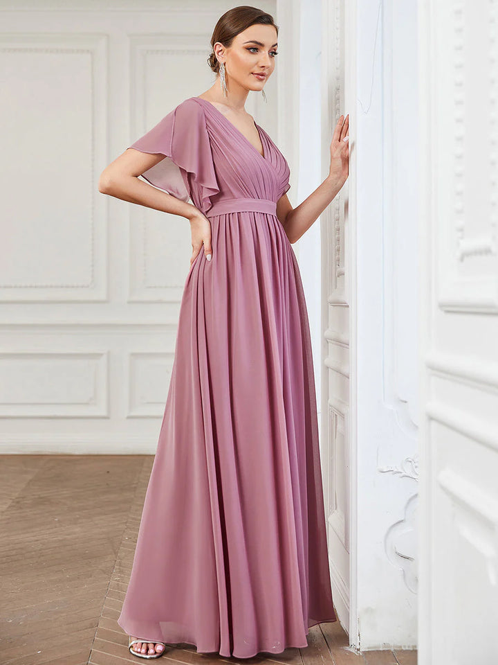 A Line Evening Dresses with Deep V Neck Ruffles Sleeves