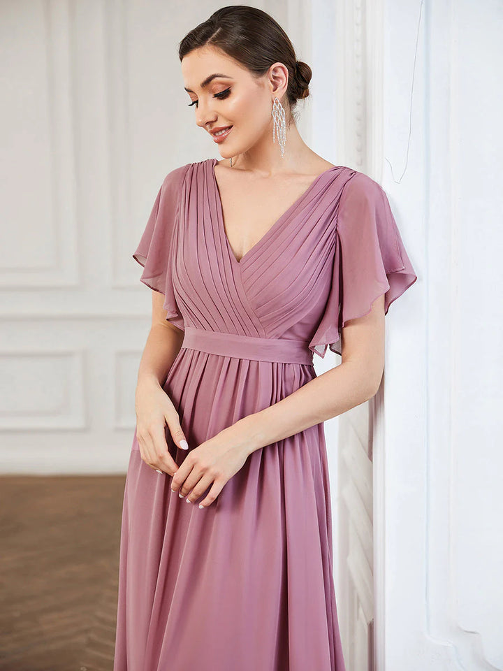 A Line Evening Dresses with Deep V Neck Ruffles Sleeves