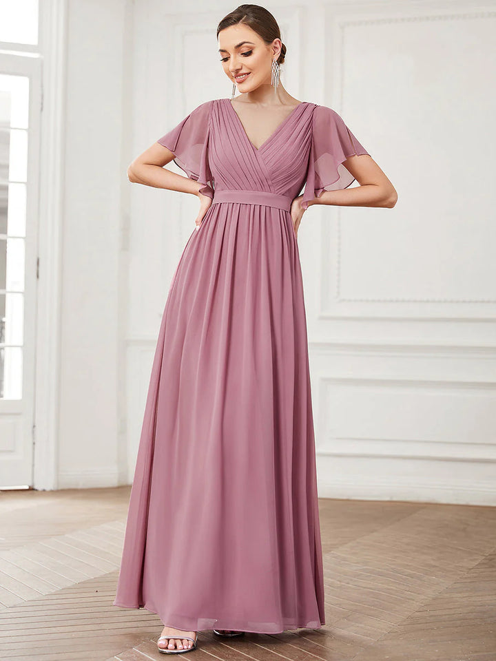 A Line Bridesmaid Dresses with Deep V Neck Ruffles Sleeves