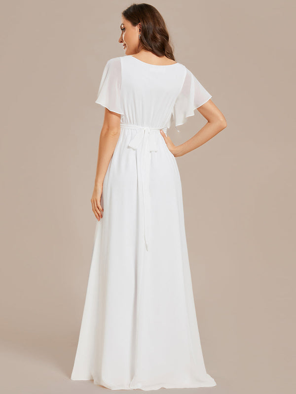 Deep V Neck Chiffon Evening Gown With Short Sleeves