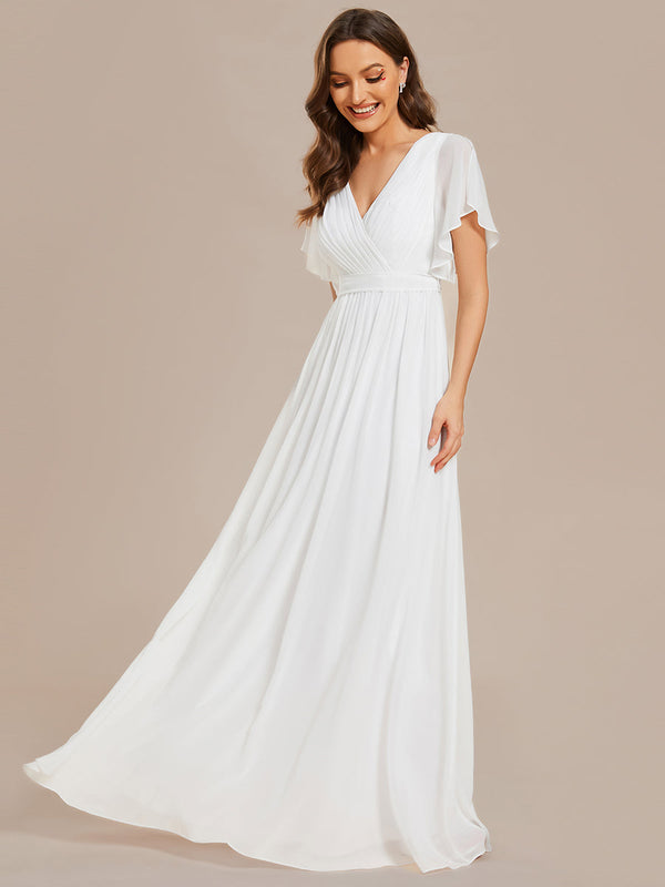 Deep V Neck Chiffon Bridal Gown With Short Sleeves