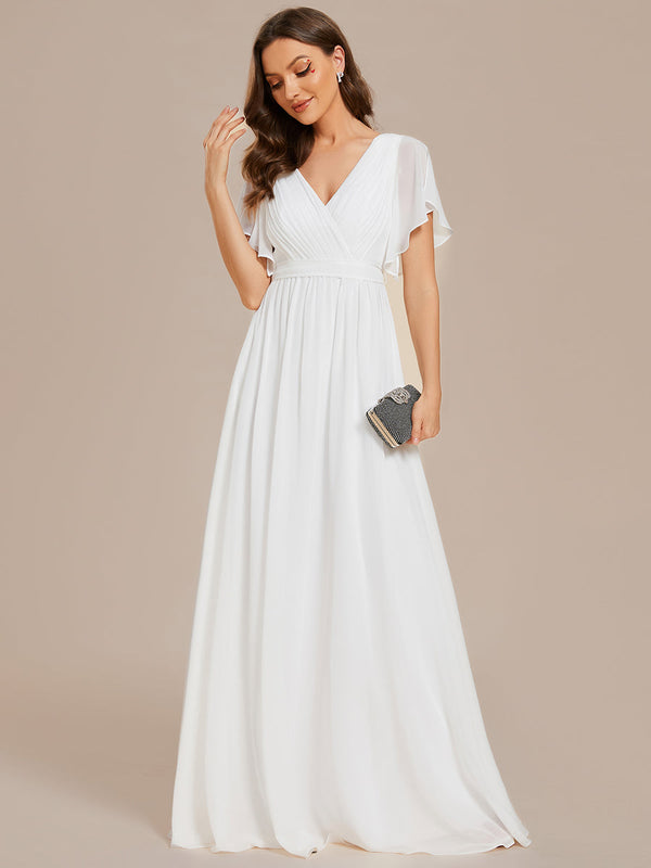 Deep V Neck Chiffon Bridal Gown With Short Sleeves