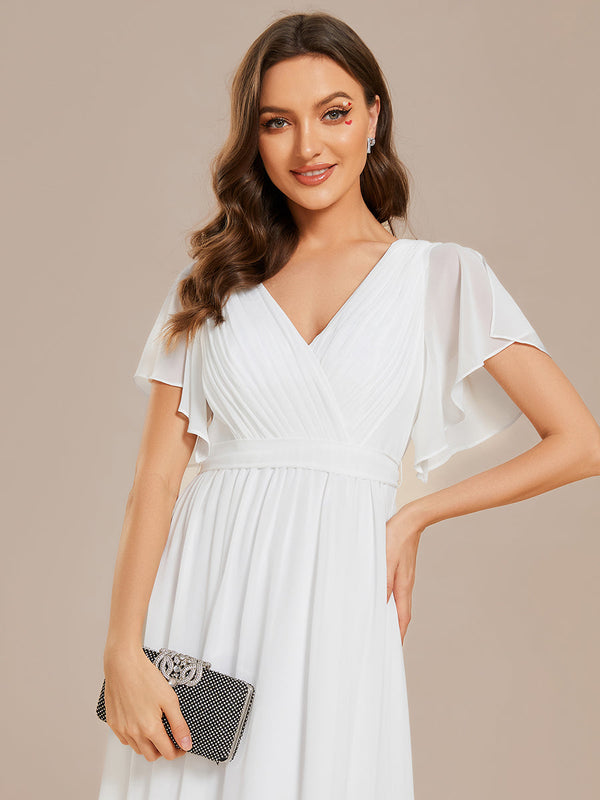 Deep V Neck Chiffon Bridal Gown With Short Sleeves