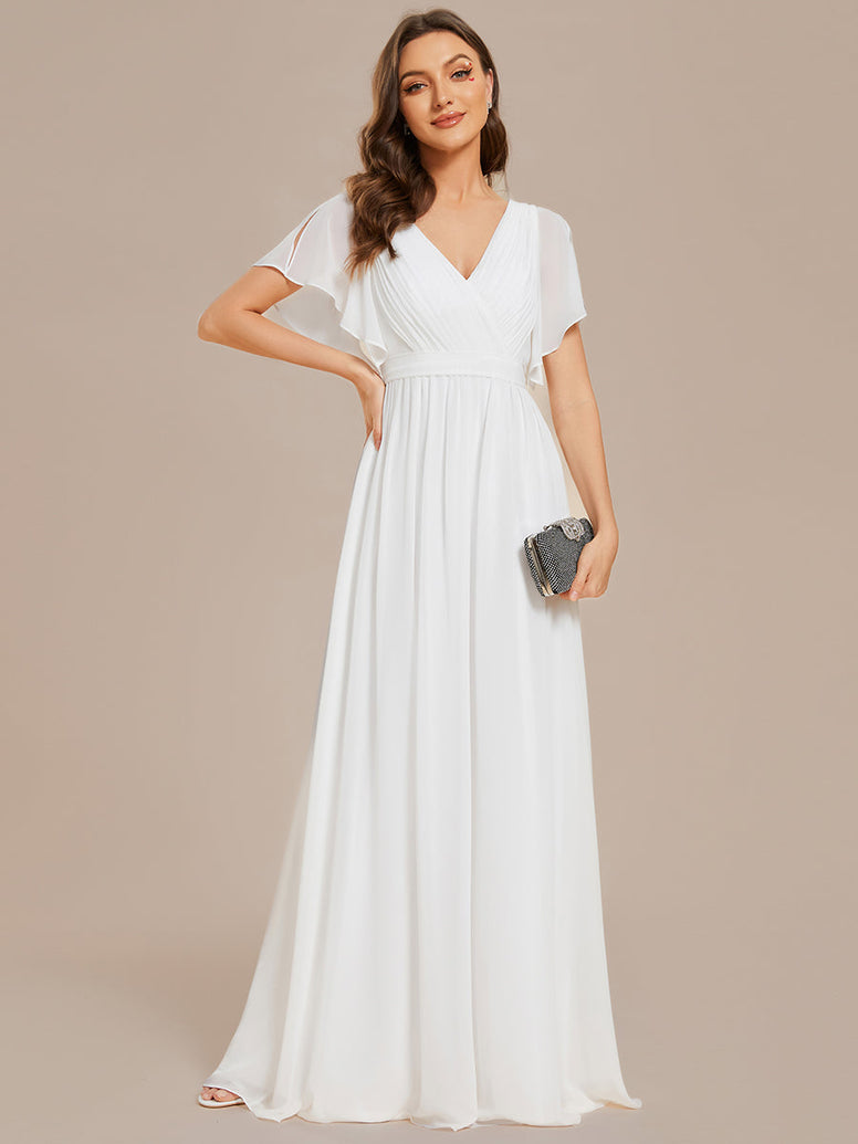 Deep V Neck Chiffon Wedding Gown With Short Sleeves