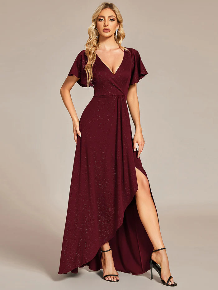 Tea Length Split Shiny Bridesmaid Dress With Ruffle Sleeves - CALABRO®