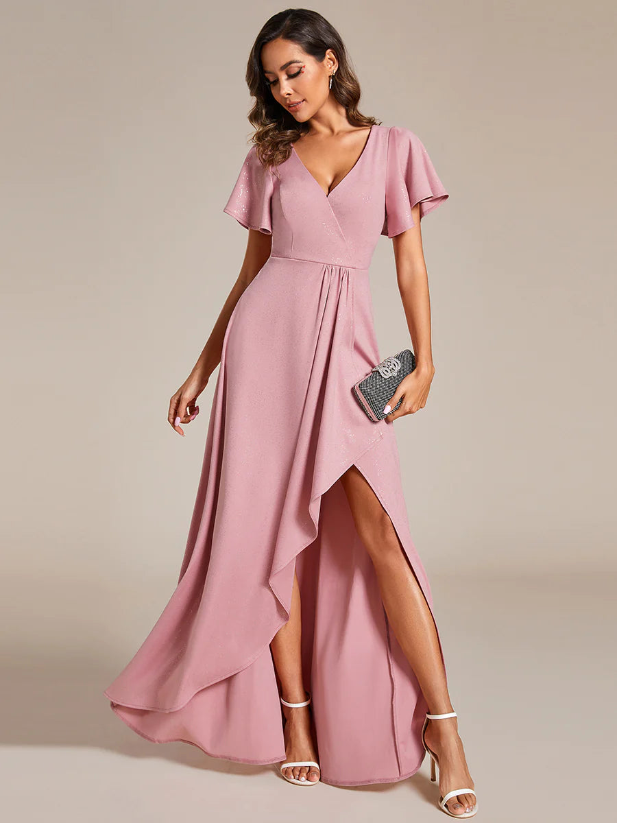 Shiny Tea Length Split Evening Dresses With Ruffle Sleeves - CALABRO®