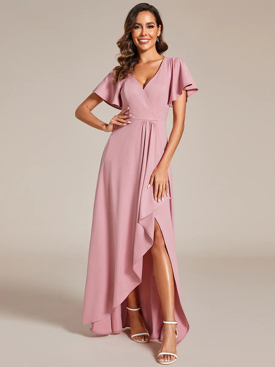 Shiny Tea Length Split Evening Dresses With Ruffle Sleeves - CALABRO®