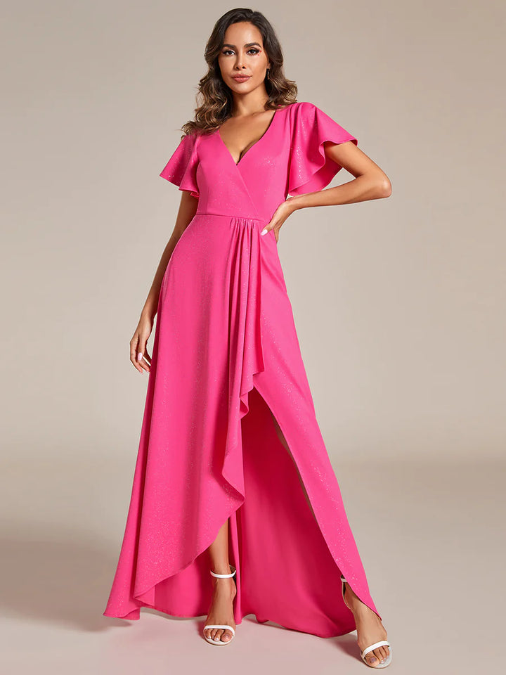 Shiny Tea Length Split Evening Dresses With Ruffle Sleeves - CALABRO®