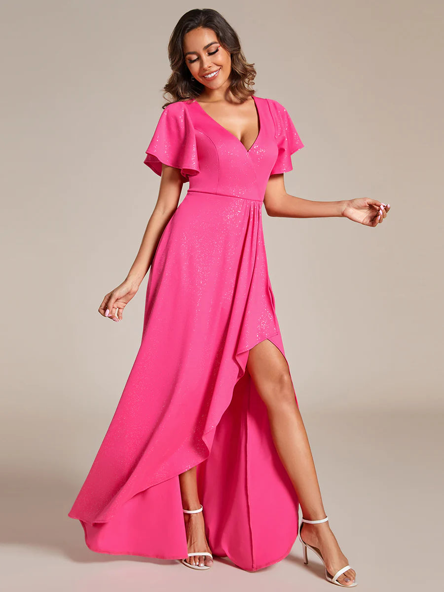 Shiny Tea Length Split Evening Dresses With Ruffle Sleeves - CALABRO®