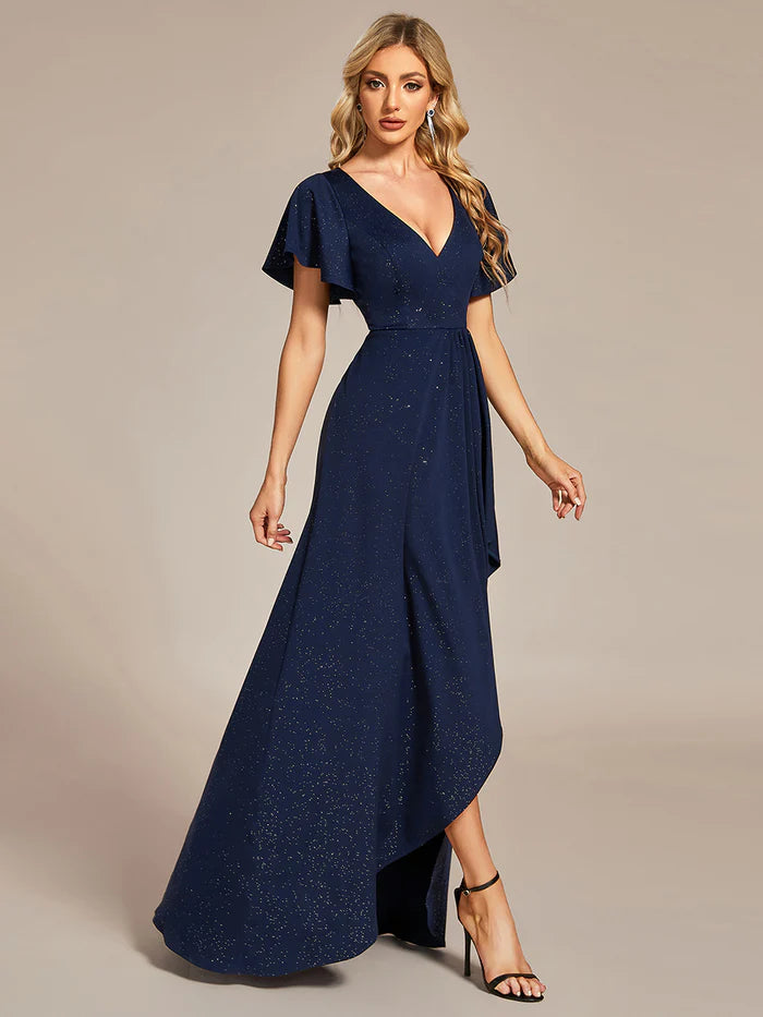 Tea Length Split Shiny Bridesmaid Dress With Ruffle Sleeves - CALABRO®