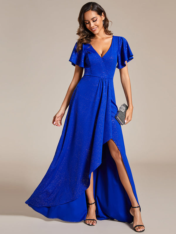 Shiny Tea Length Split Evening Dresses With Ruffle Sleeves