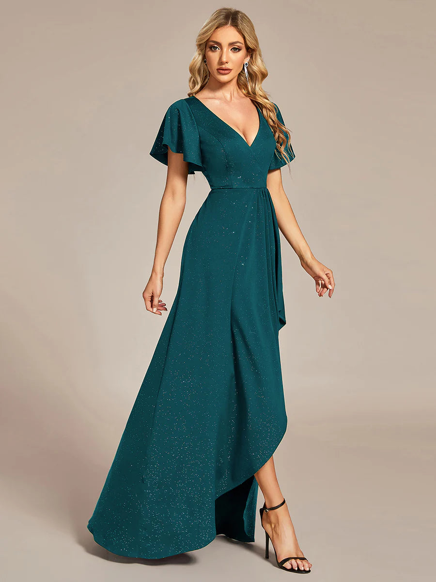 Tea Length Split Shiny Bridesmaid Dress With Ruffle Sleeves - CALABRO®