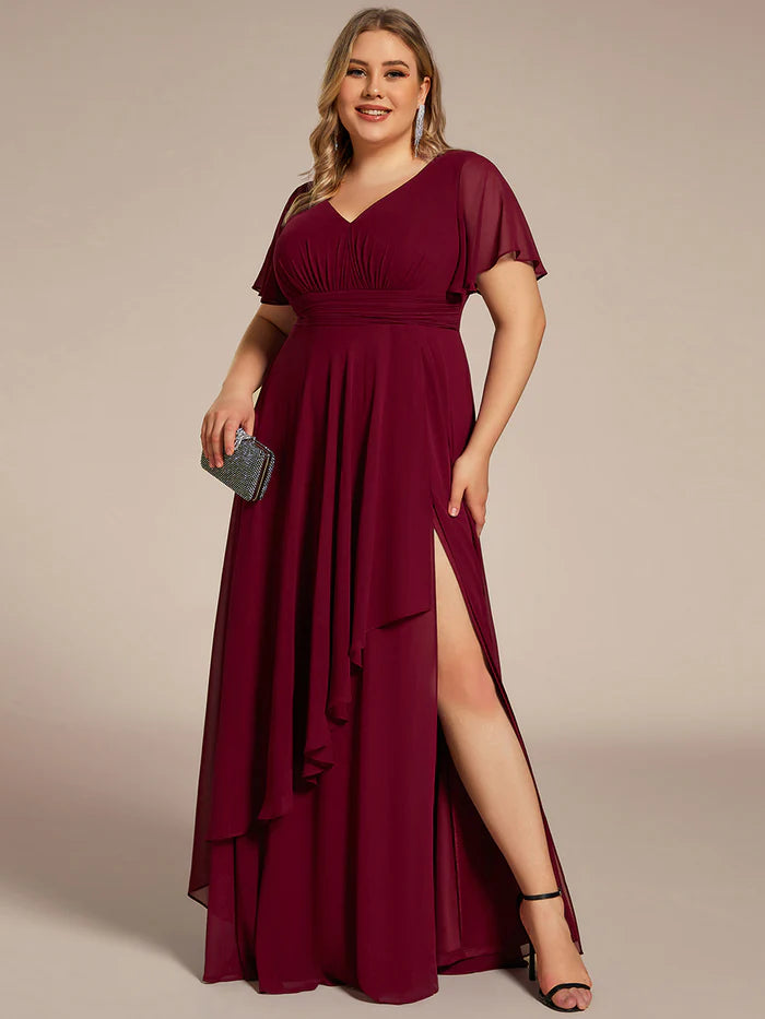 Plus Side Split V Neck Ruched Chiffon Evening Dresses - CALABRO®