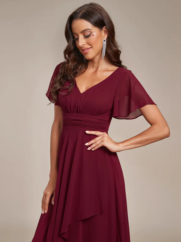 Side Split V Neck Ruched Chiffon Bridesmaid Dress