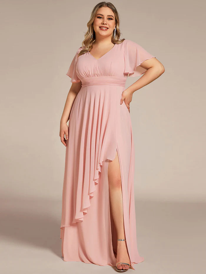 Plus Side Split V Neck Ruched Chiffon Evening Dresses - CALABRO®